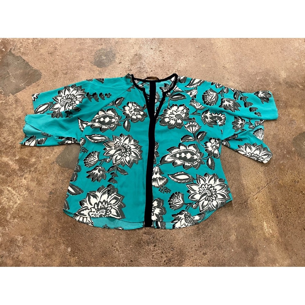 Zara Basic Blouse Top Womens M Multicolor Floral Pattern Kimono Sleeve V Neck